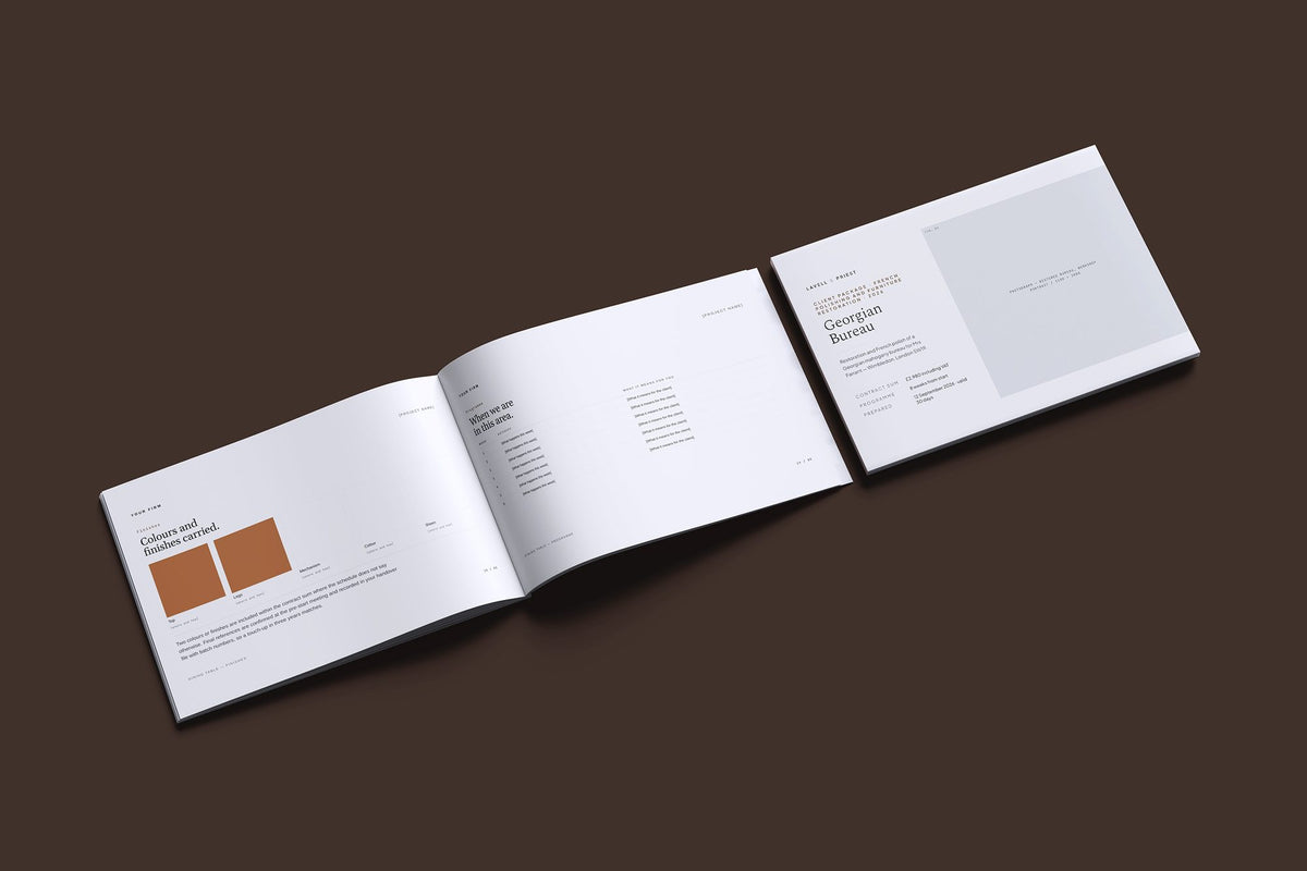 French Polishing and Furniture Restoration Client Package, Slate colourway, cover and inside spread mockup