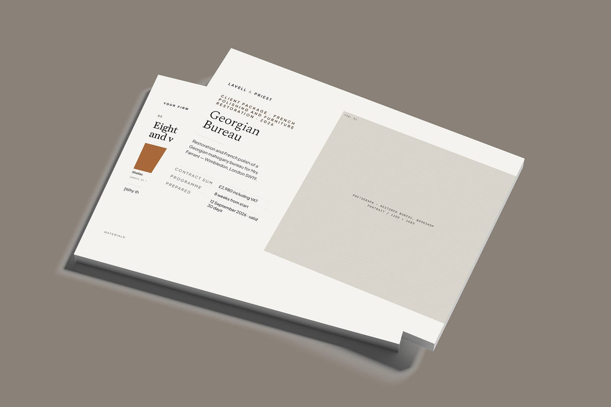 French Polishing and Furniture Restoration Client Package, Standard colourway, stacked books mockup
