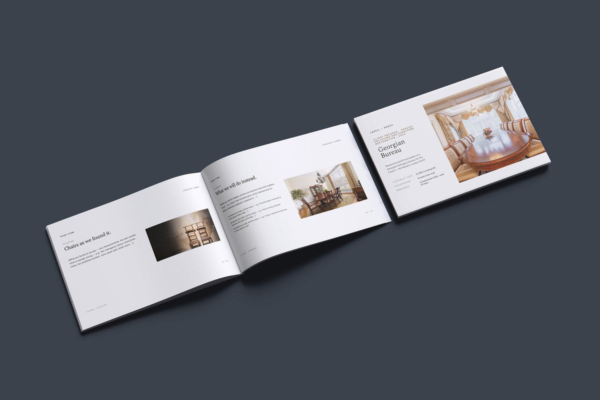 French Polishing and Furniture Restoration Client Package, Standard colourway, cover and inside spread mockup