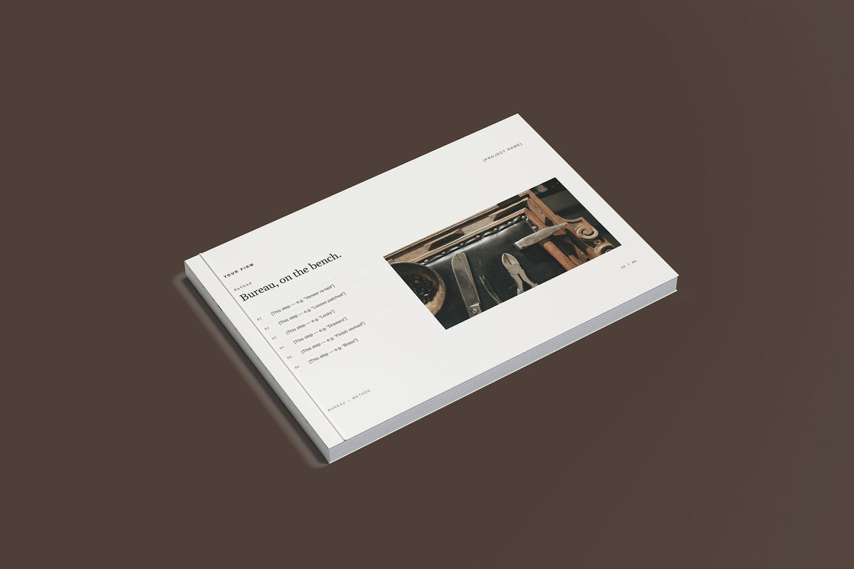 French Polishing and Furniture Restoration Client Package, Standard colourway, closed magazine mockup