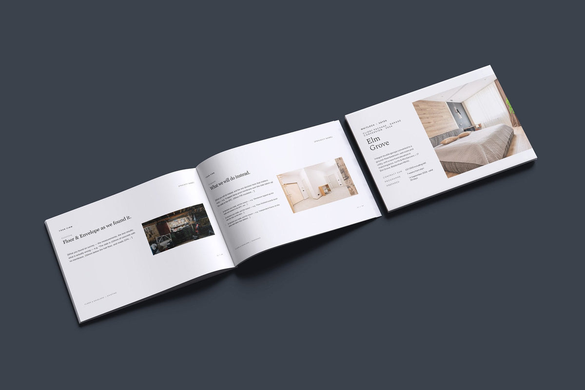 Garage Conversion Client Package, Ivory colourway, cover and inside spread mockup