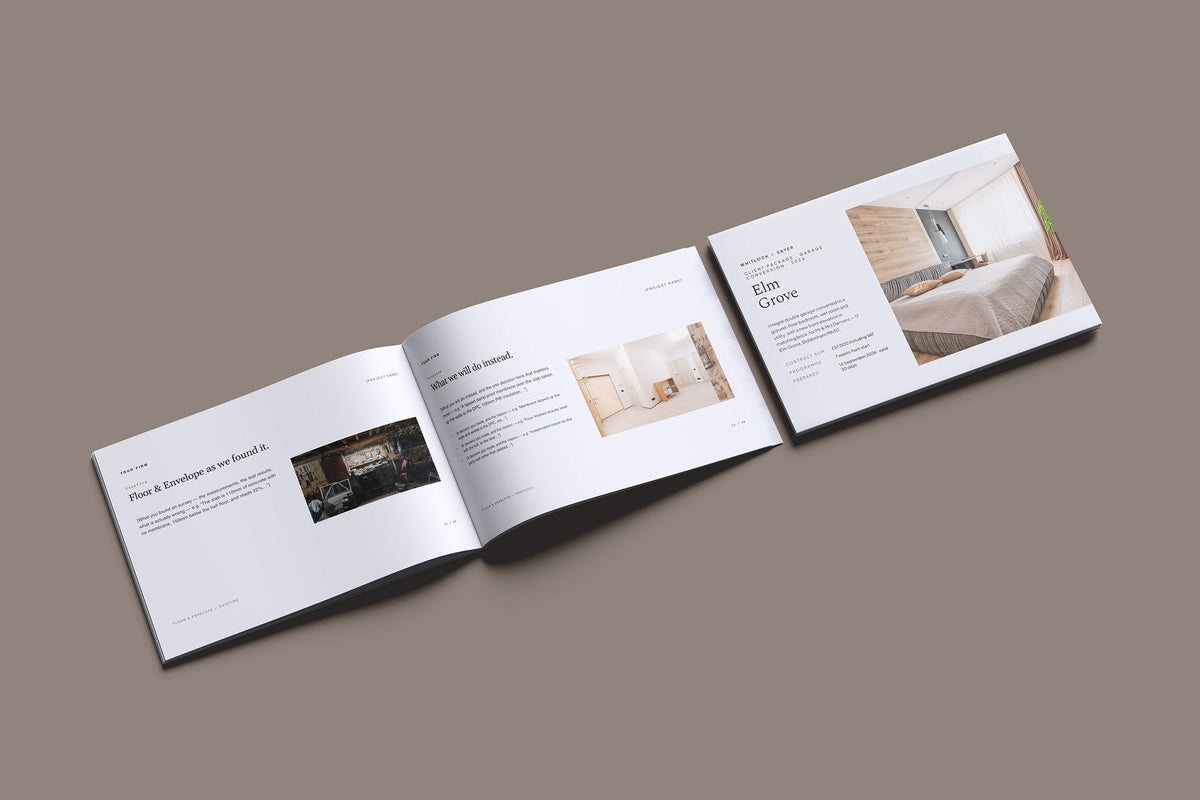 Garage Conversion Client Package, Slate colourway, cover and inside spread mockup