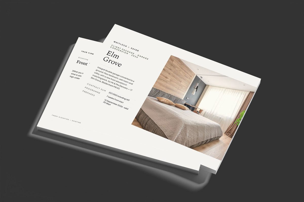 Garage Conversion Client Package, Standard colourway, stacked books mockup