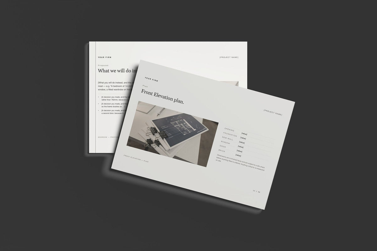 Garage Conversion Client Package, Standard colourway, front and back cover mockup