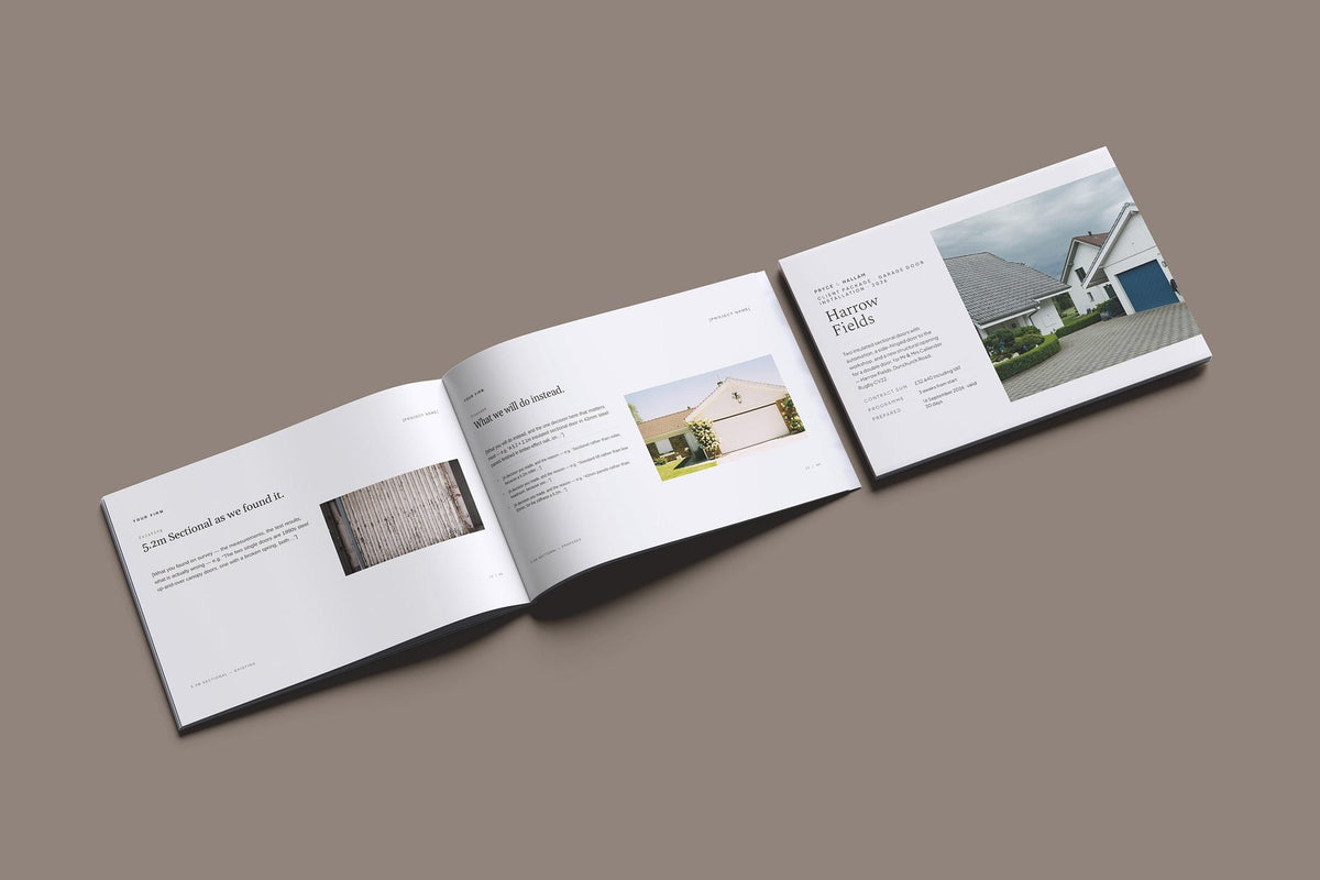 Garage Doors Client Package, Oat colourway, cover and inside spread mockup