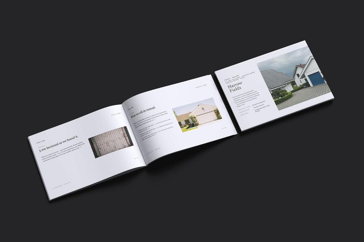 Garage Doors Client Package, Slate colourway, cover and inside spread mockup