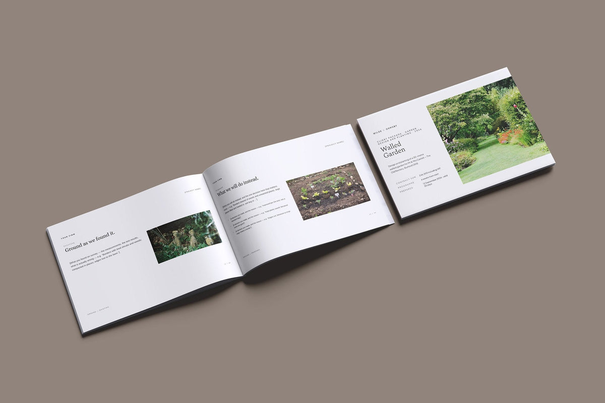 Garden Design and Planting Client Package, Ivory colourway, cover and inside spread mockup