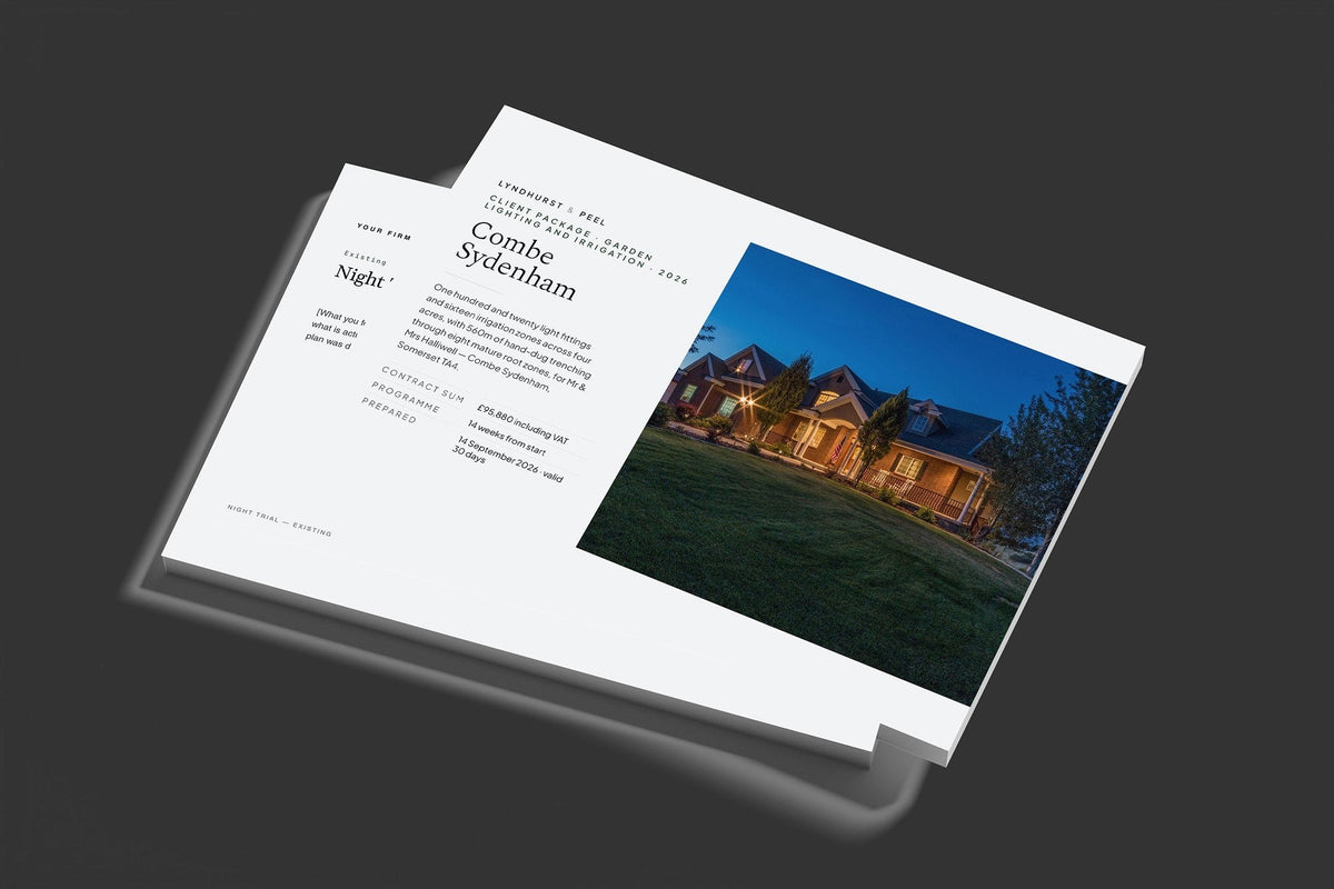Garden Lighting Client Package, Slate colourway, stacked books mockup