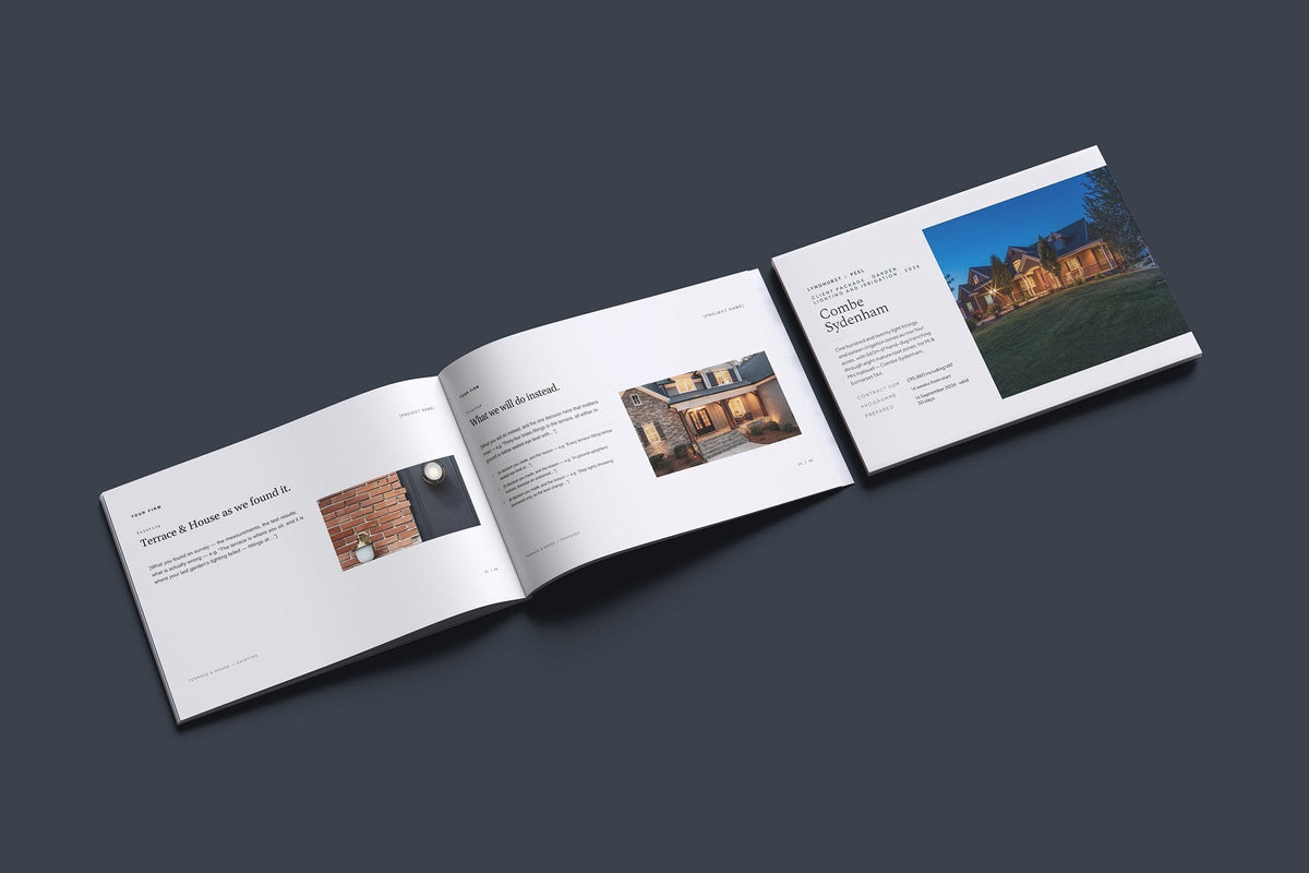 Garden Lighting Client Package, Standard colourway, cover and inside spread mockup