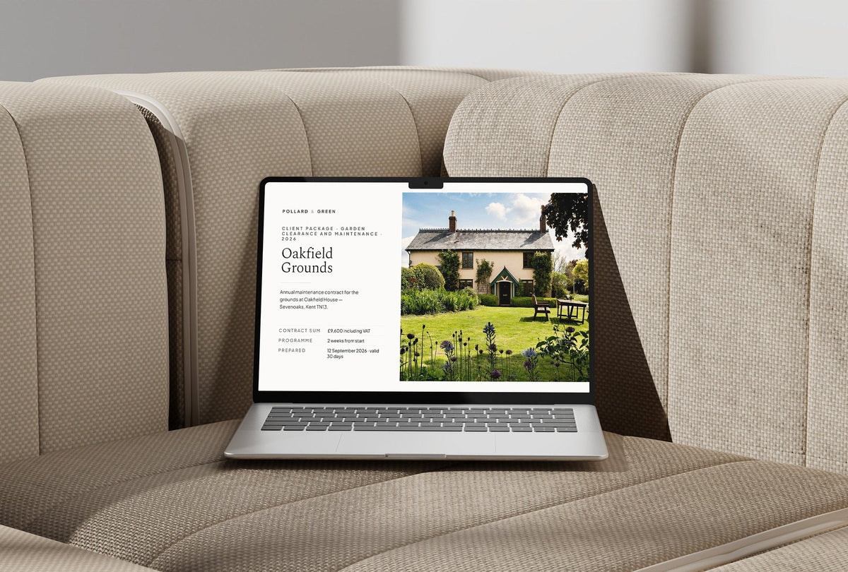 Garden Maintenance Client Package, Ivory colourway, laptop screen mockup