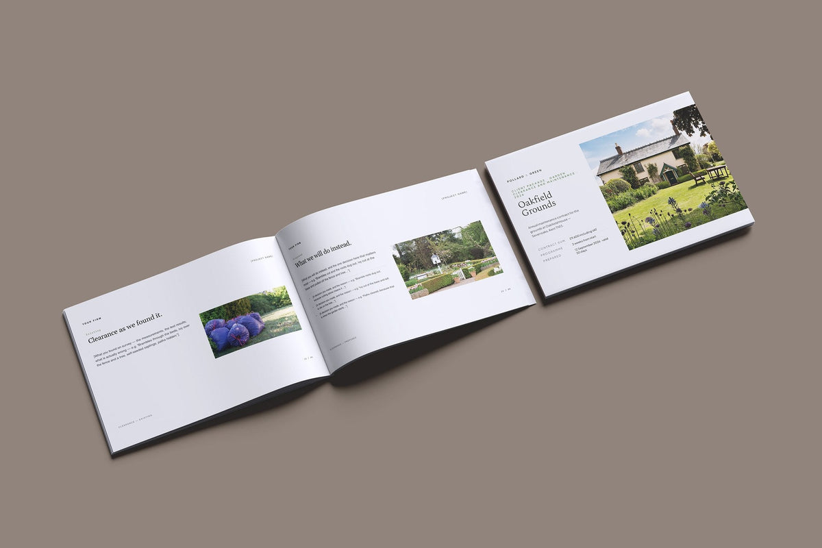 Garden Maintenance Client Package, Slate colourway, cover and inside spread mockup