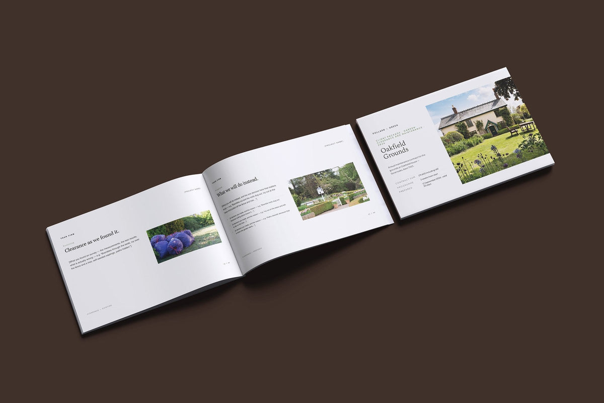 Garden Maintenance Client Package, Standard colourway, cover and inside spread mockup