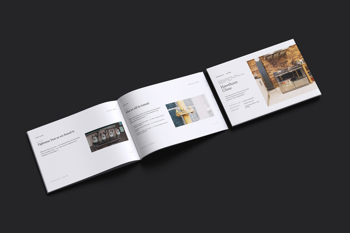 Gas Engineer Client Package, Ivory colourway, cover and inside spread mockup
