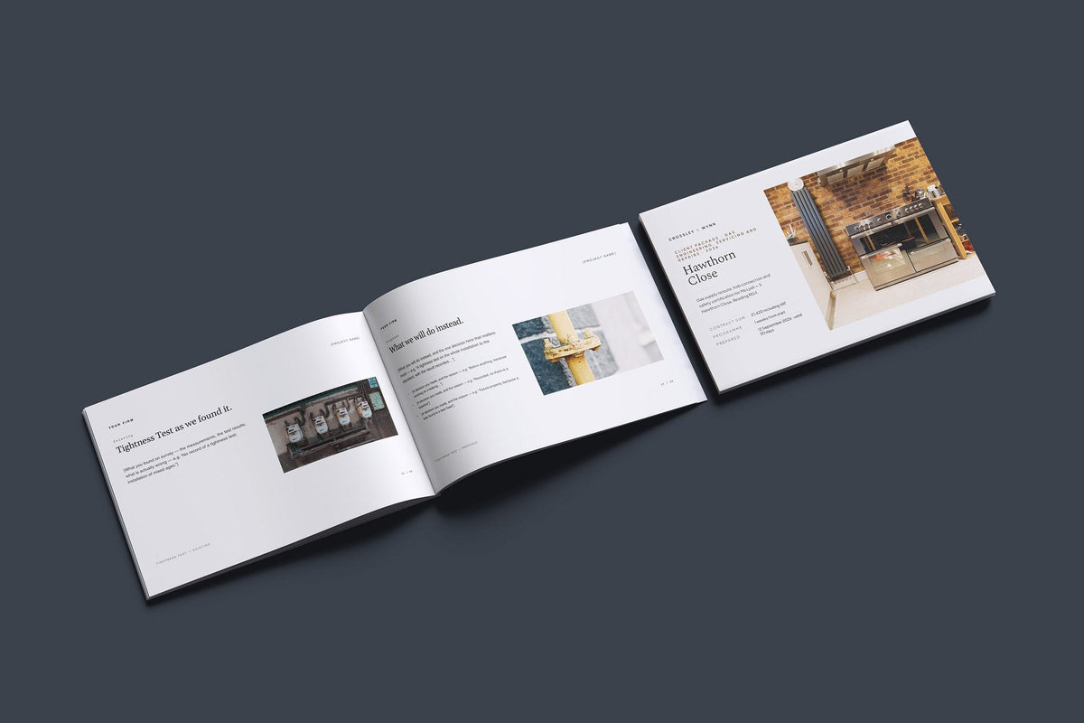 Gas Engineer Client Package, Standard colourway, cover and inside spread mockup