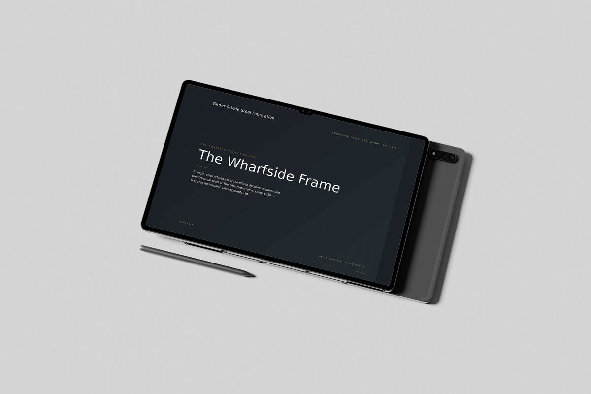 Steel Fabricator Project Pack in PowerPoint, shown on a tablet