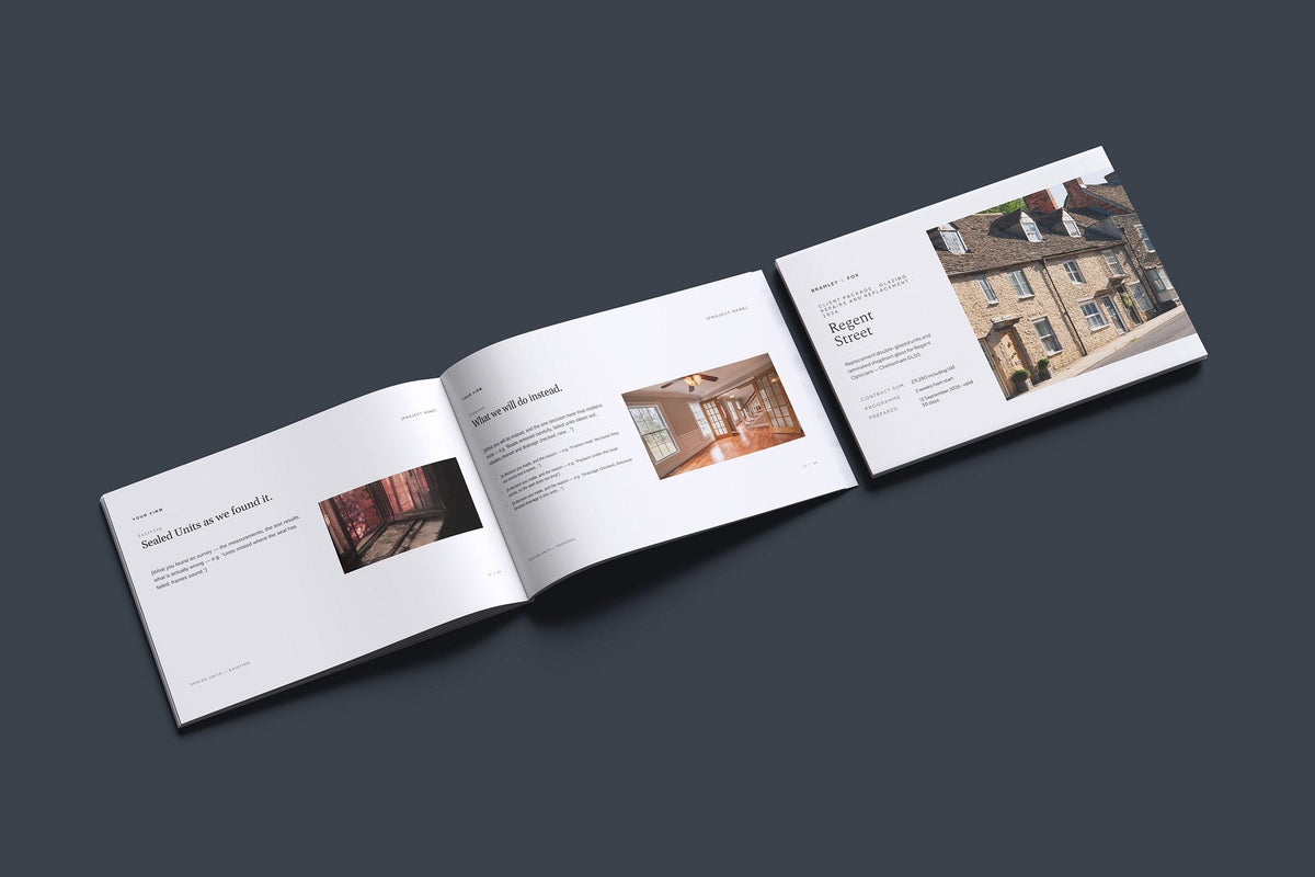 Glazier Client Package, Ivory colourway, cover and inside spread mockup