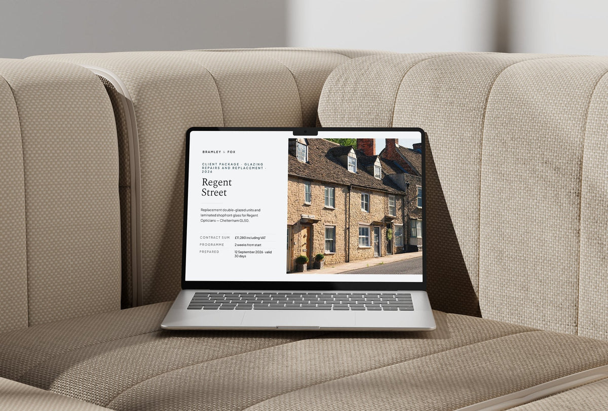 Glazier Client Package, Slate colourway, laptop screen mockup