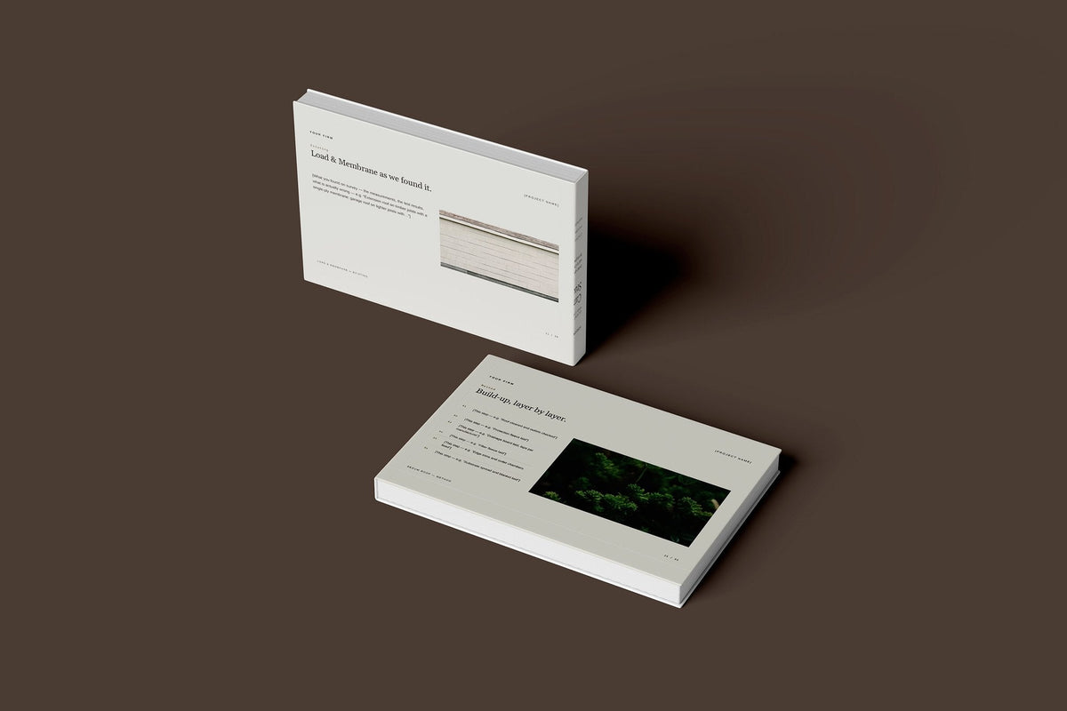 Green Roof and Living Wall Client Package, Oat colourway, floating books mockup