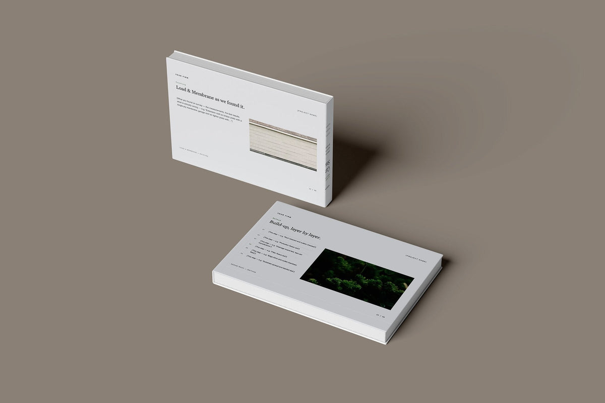 Green Roof and Living Wall Client Package, Slate colourway, floating books mockup