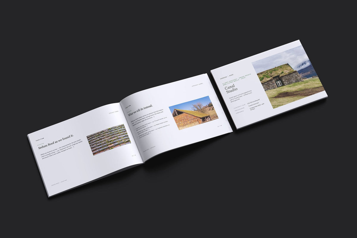 Green Roof and Living Wall Client Package, Slate colourway, cover and inside spread mockup