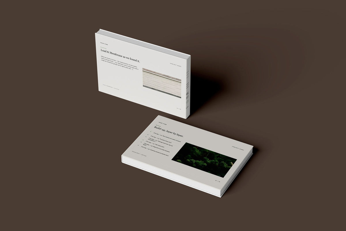 Green Roof and Living Wall Client Package, Standard colourway, floating books mockup