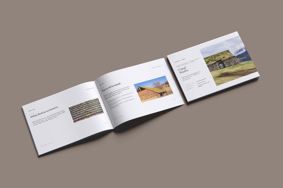 Green Roof and Living Wall Client Package, Standard colourway, cover and inside spread mockup