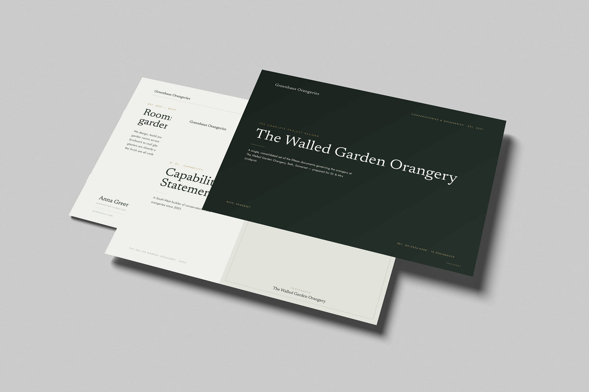 Orangery & Conservatory Builder Project Pack in PowerPoint, printed pages floating