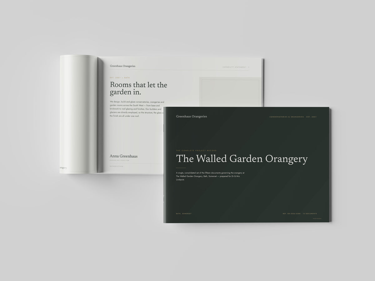 Orangery & Conservatory Builder Project Pack in PowerPoint, printed and open at an inside page