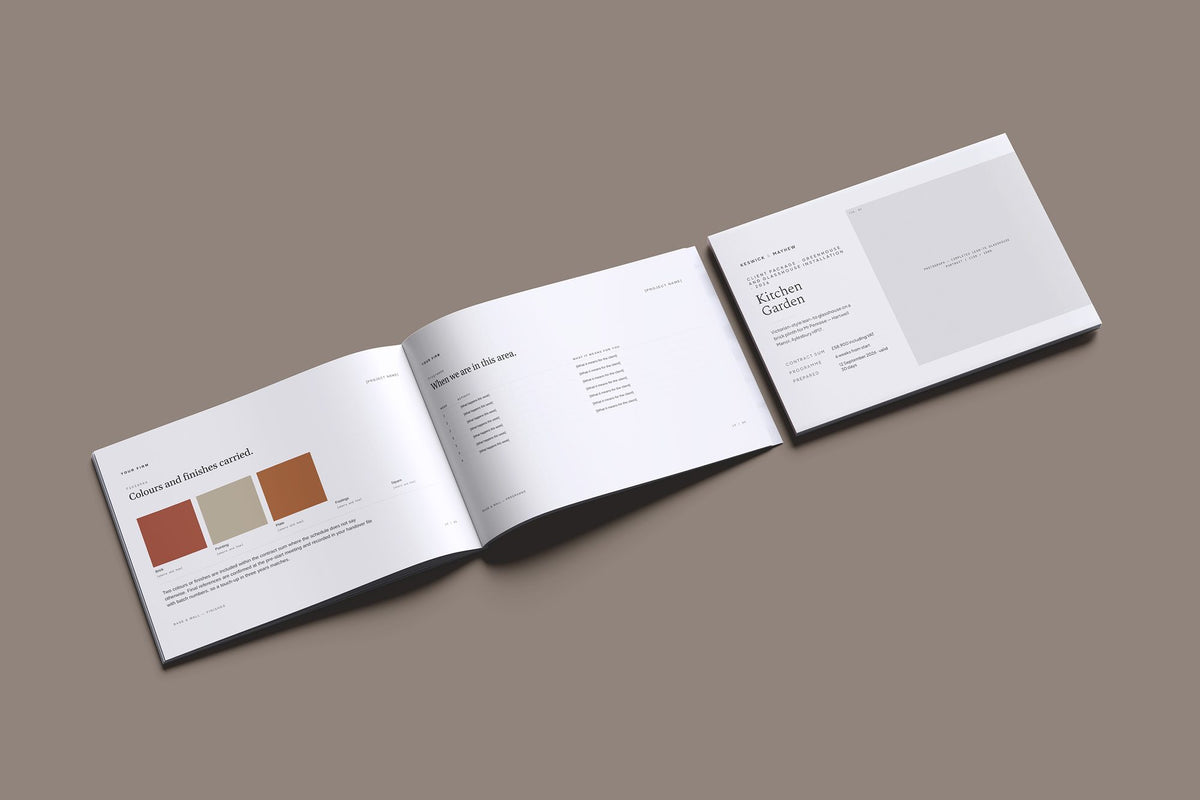 Greenhouse and Glasshouse Client Package, Ivory colourway, cover and inside spread mockup