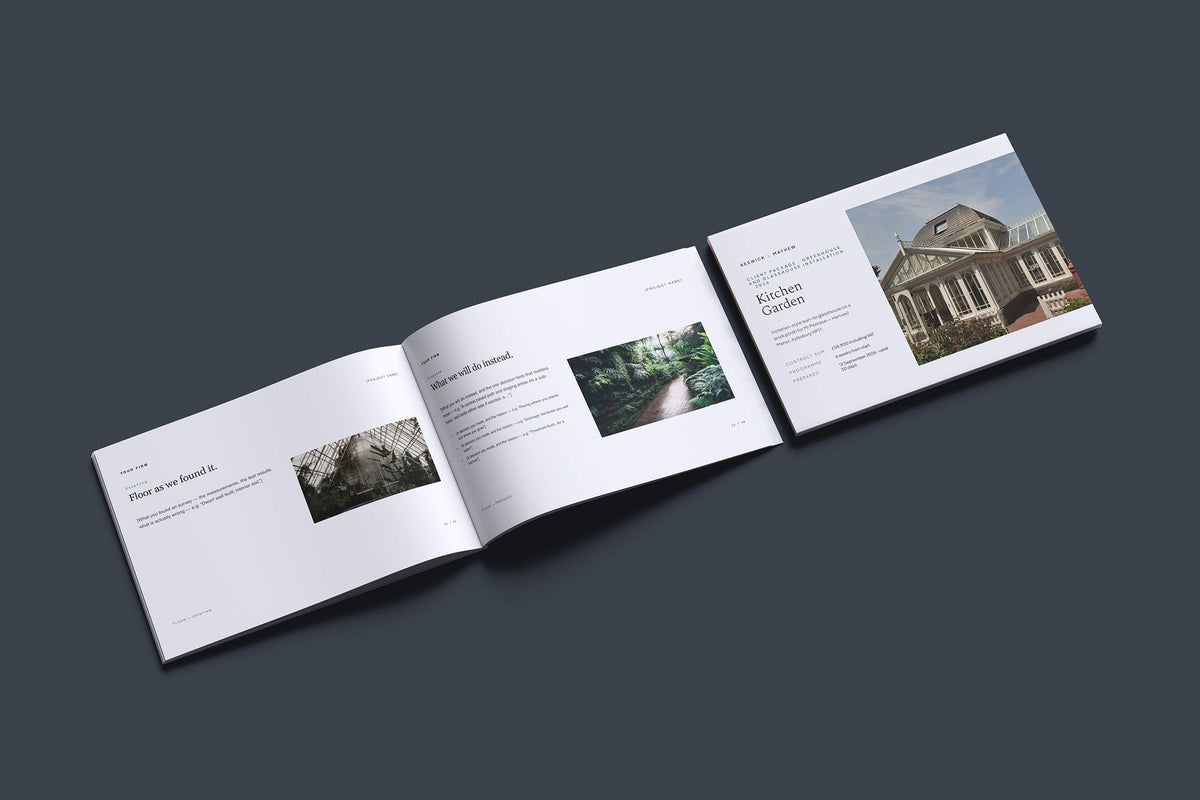 Greenhouse and Glasshouse Client Package, Slate colourway, cover and inside spread mockup