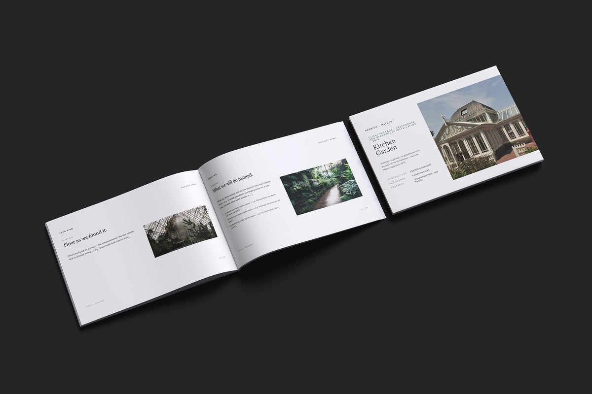 Greenhouse and Glasshouse Client Package, Standard colourway, cover and inside spread mockup