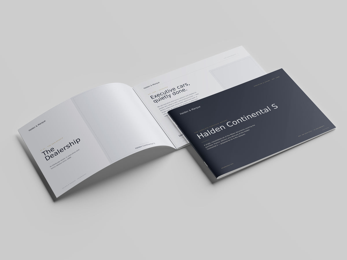 Executive Car Dealer Customer Pack in PowerPoint, printed and open at the first pages