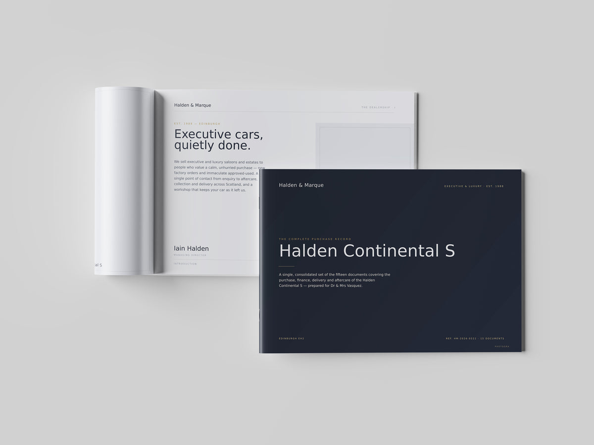 Executive Car Dealer Customer Pack in PowerPoint, printed and open at an inside page