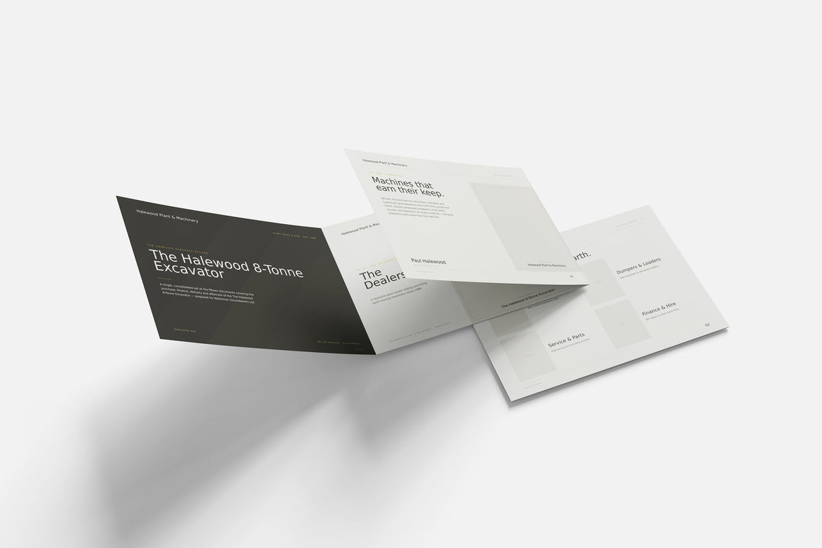 Plant & Machinery Dealer Customer Pack in PowerPoint, printed documents stacked
