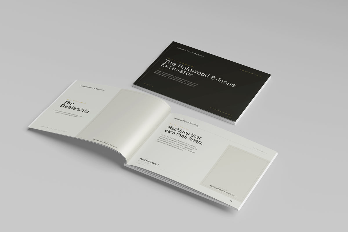 Plant & Machinery Dealer Customer Pack in PowerPoint, printed cover shown at an angle