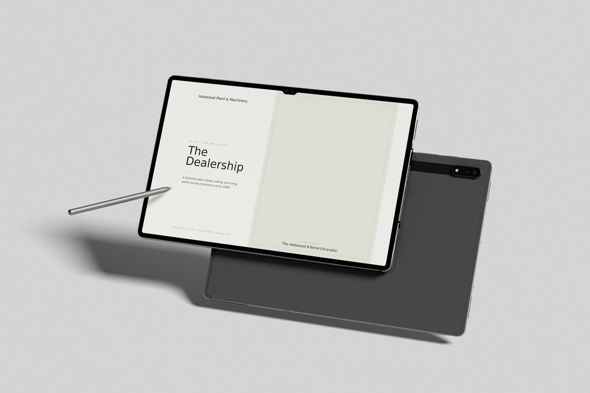 Plant & Machinery Dealer Customer Pack in PowerPoint, inside pages shown on a tablet