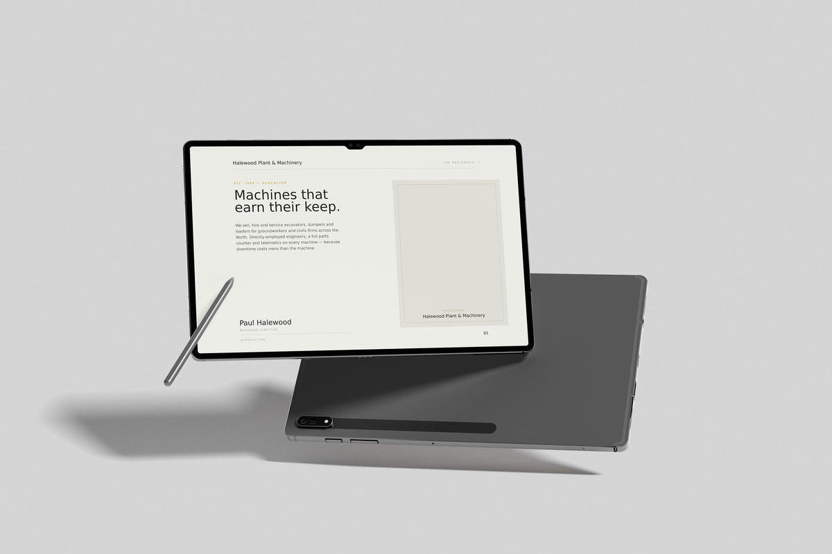 Plant & Machinery Dealer Customer Pack in PowerPoint, inside pages shown on a tablet