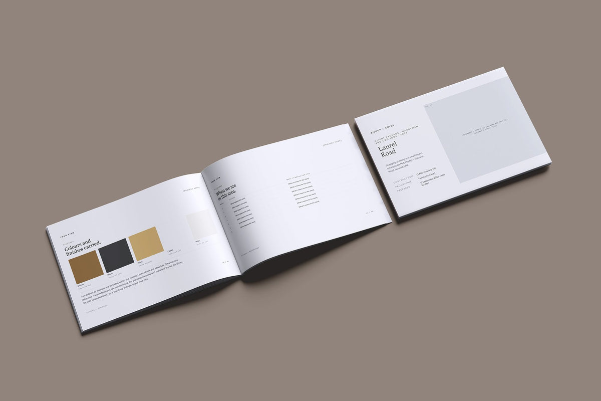 Handyman Client Package, Slate colourway, cover and inside spread mockup