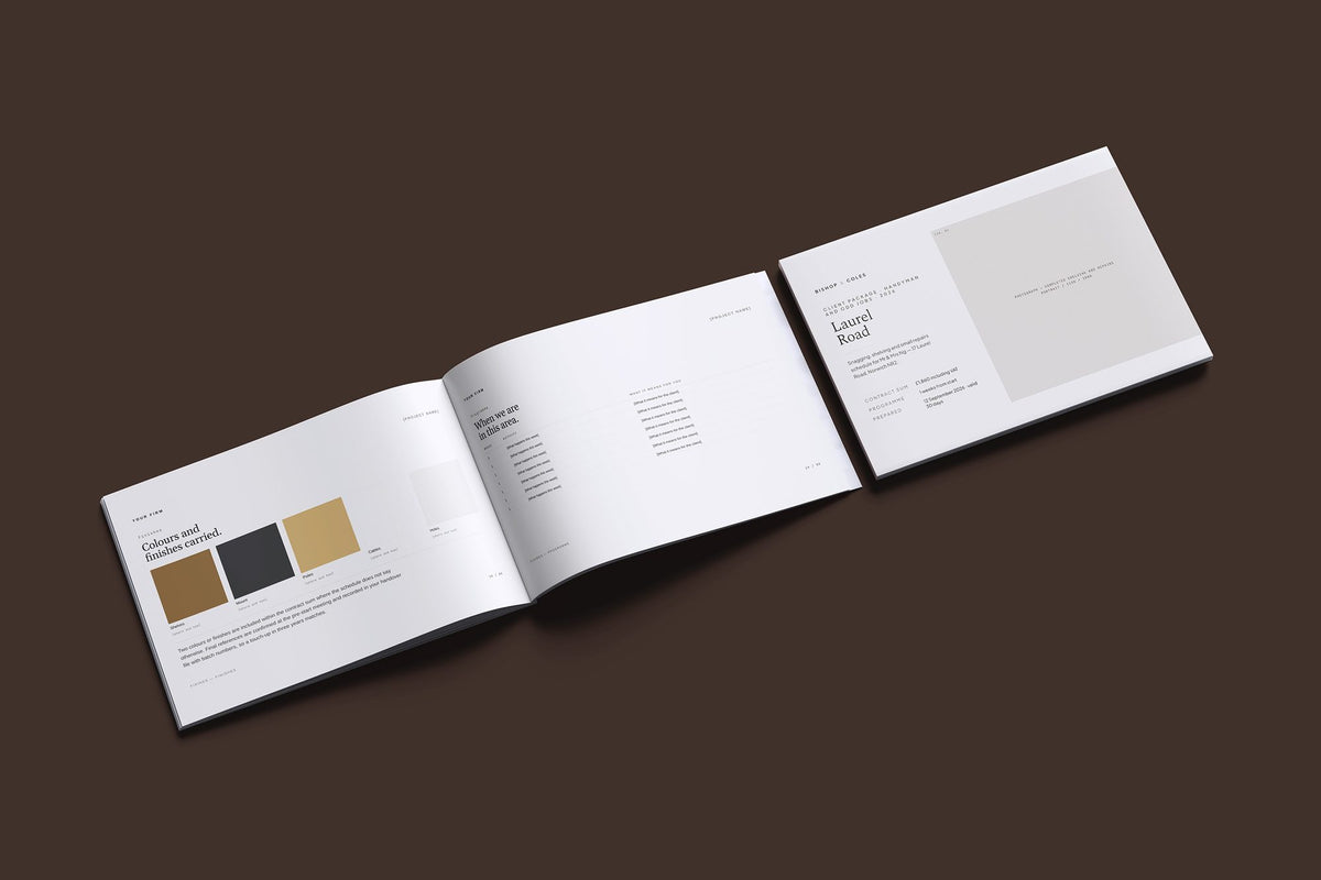 Handyman Client Package, Standard colourway, cover and inside spread mockup