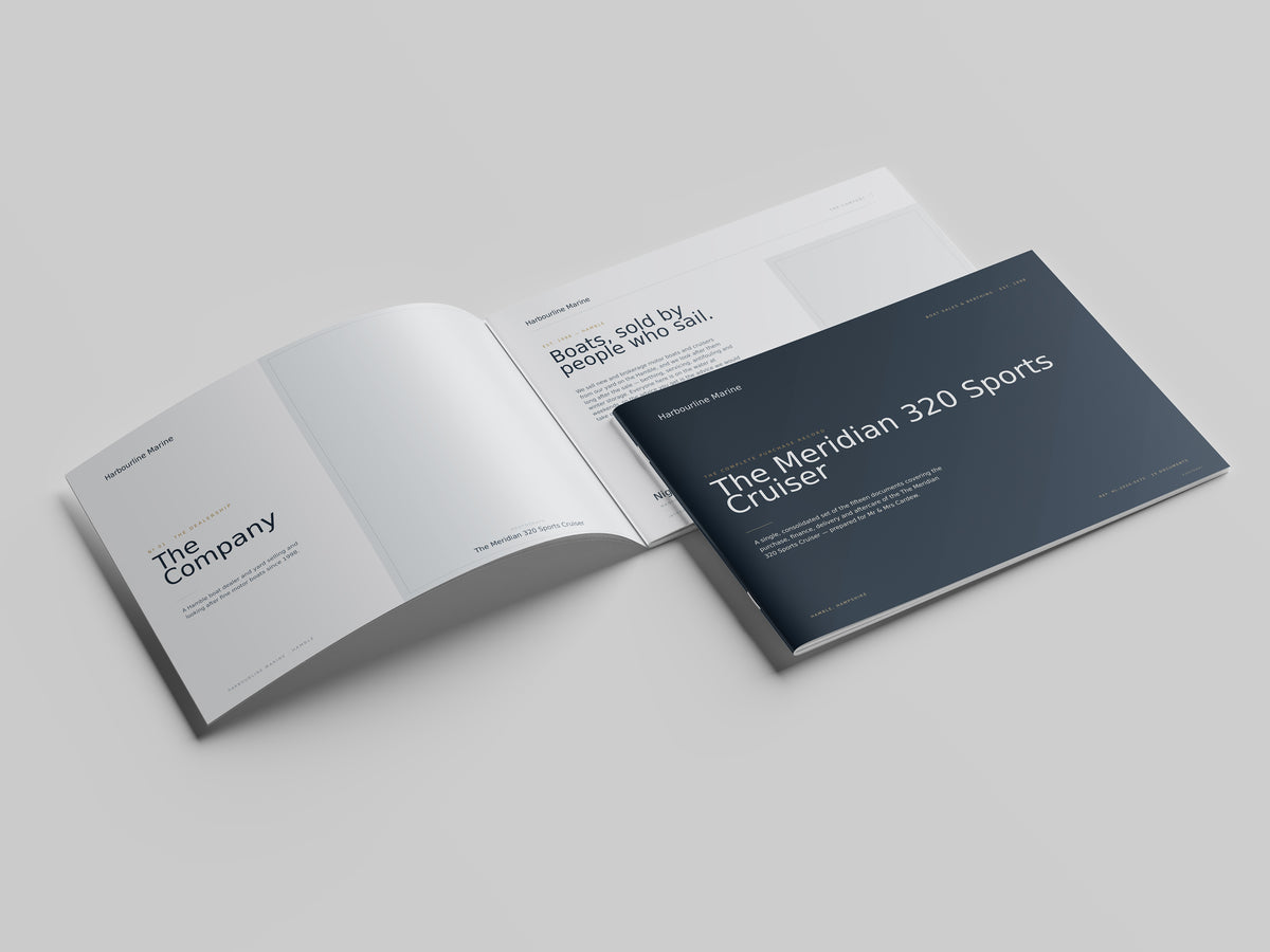 Boat Dealer Customer Pack in PowerPoint, printed and open at the first pages
