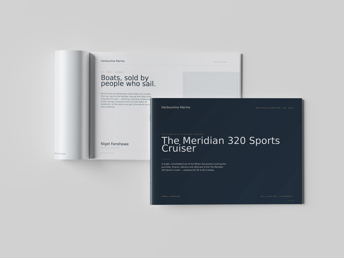 Boat Dealer Customer Pack in PowerPoint, printed and open at an inside page