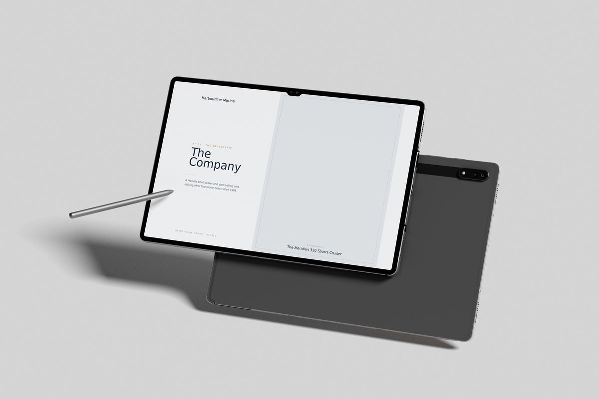 Boat Dealer Customer Pack in PowerPoint, inside pages shown on a tablet