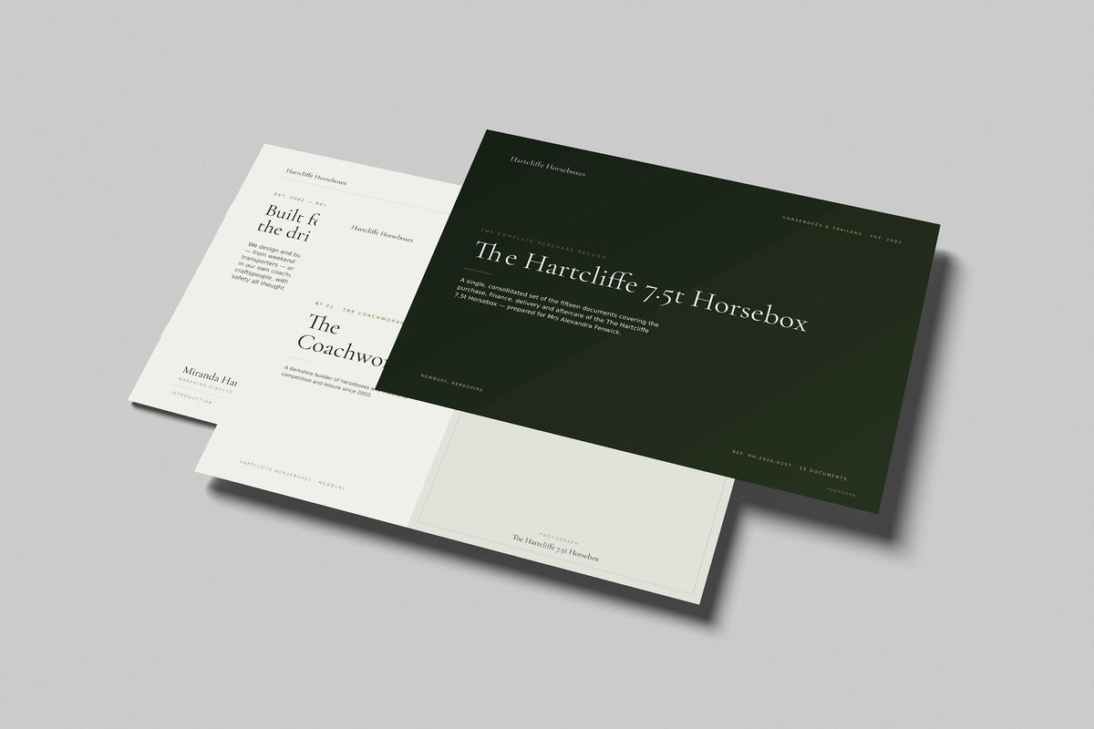 Horsebox Dealer Customer Pack in PowerPoint, printed pages floating