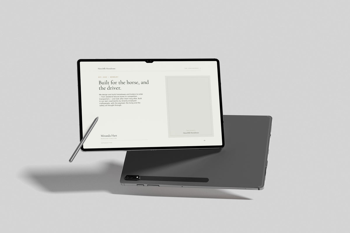 Horsebox Dealer Customer Pack in PowerPoint, inside pages shown on a tablet