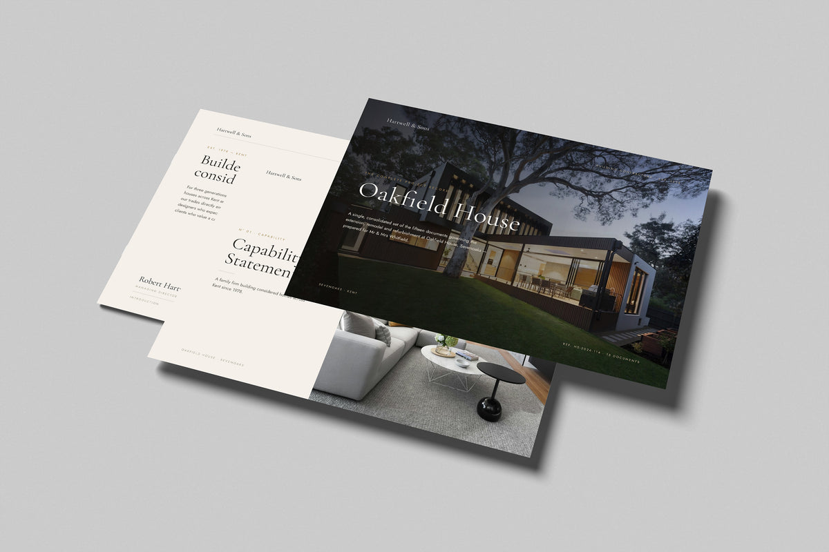 Building Contractor Project Pack in PowerPoint, printed pages floating