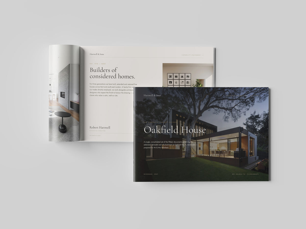 Building Contractor Project Pack in PowerPoint, printed and open at an inside page
