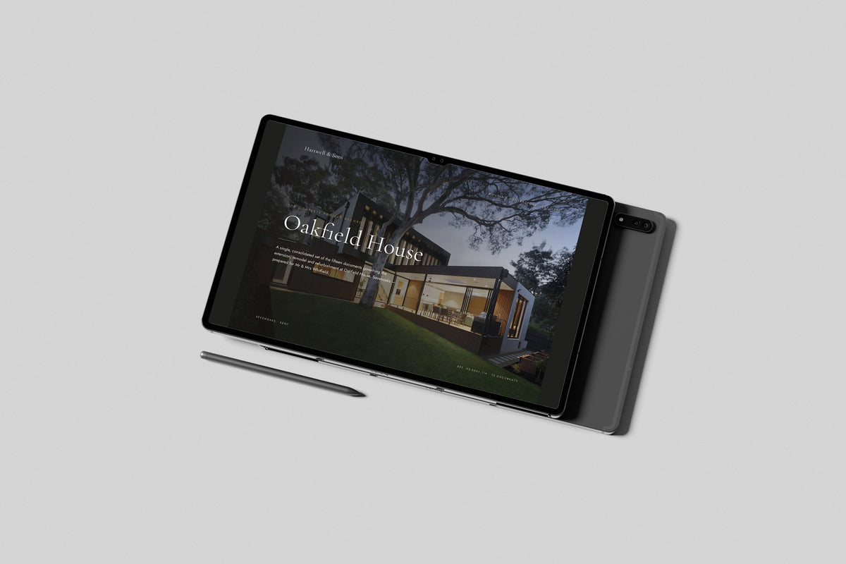 Building Contractor Project Pack in PowerPoint, shown on a tablet