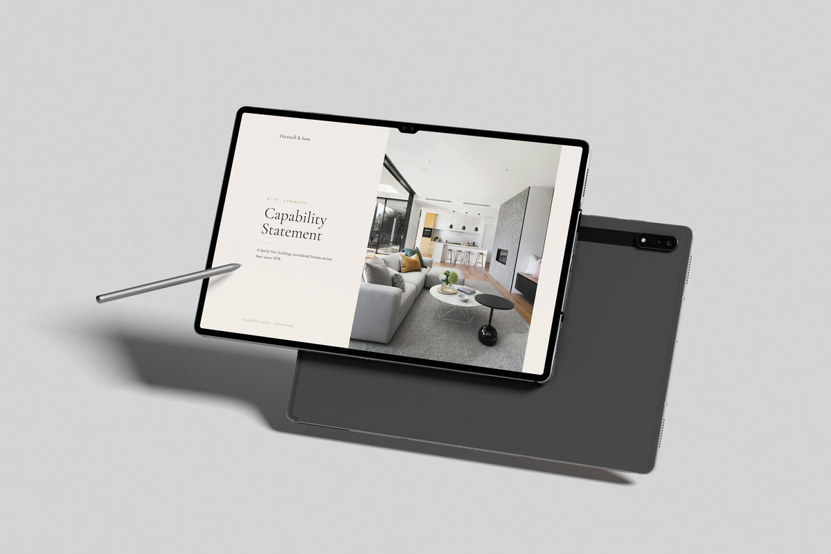 Building Contractor Project Pack in PowerPoint, inside pages shown on a tablet
