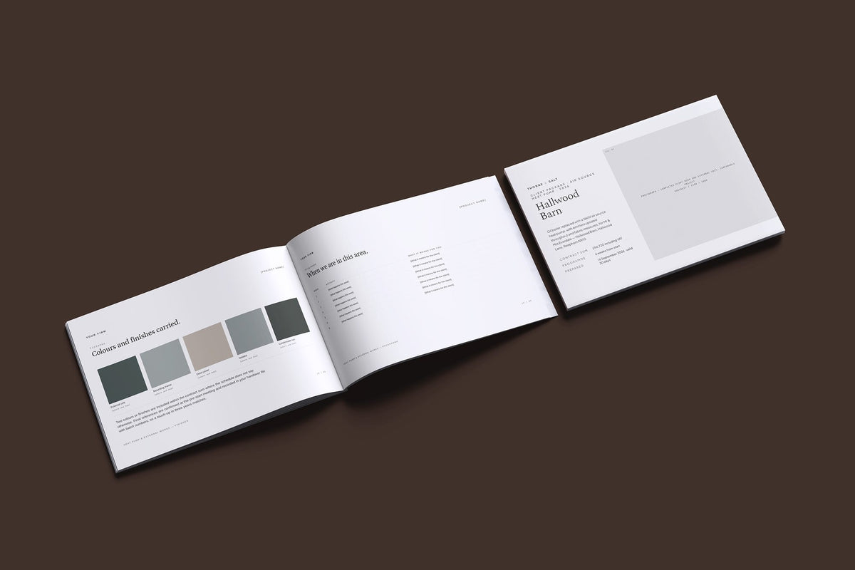 Heat Pump Client Package, Ivory colourway, cover and inside spread mockup