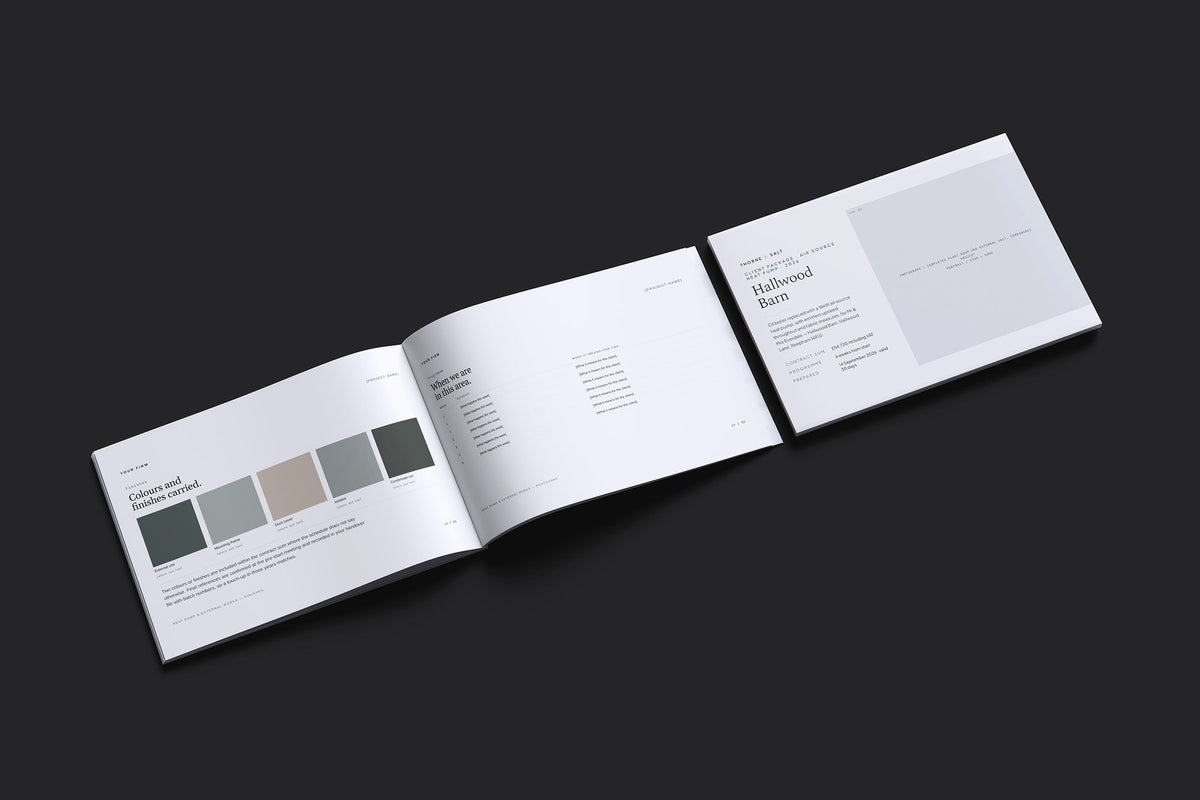 Heat Pump Client Package, Slate colourway, cover and inside spread mockup
